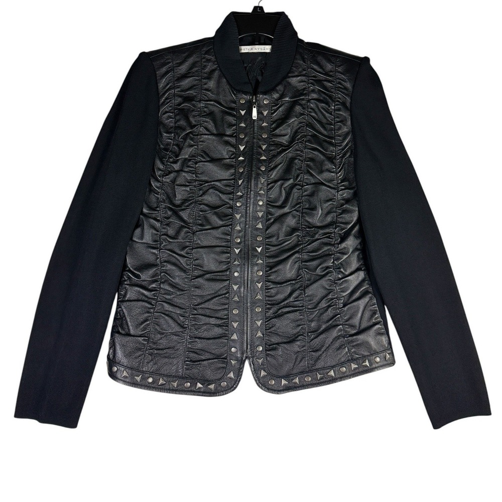 Peter Nygard Womens Black Leather Mixed Media Studded Ruched Zip Jacket Large